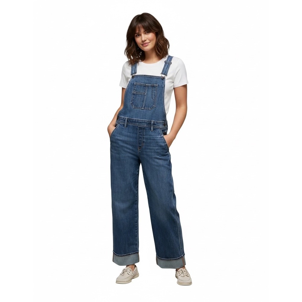 American Eagle Stovepipe Baggy Stretch Denim Overalls Medium Indigo Wash Cuff XL